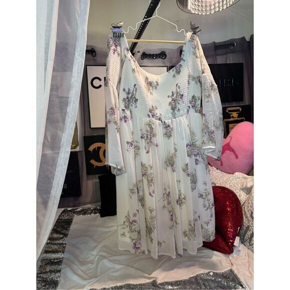 Torrid Vintage floral gauze mini midi skater long sleeve smocked Boho Dress 3xl - Picture 4 of 7